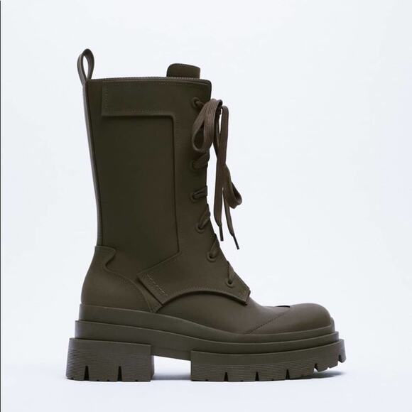 ZARA RUBBERIZED LACE-UP BOOTS KHAKI GREEN - Picture 4 of 6